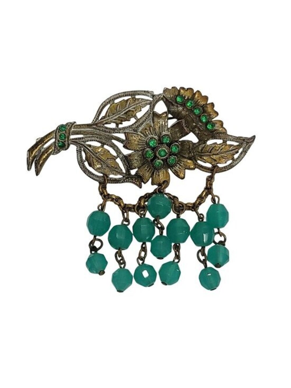 Vintage Gold-Tone Floral Brooch Green Rhinestones Beaded Accents
